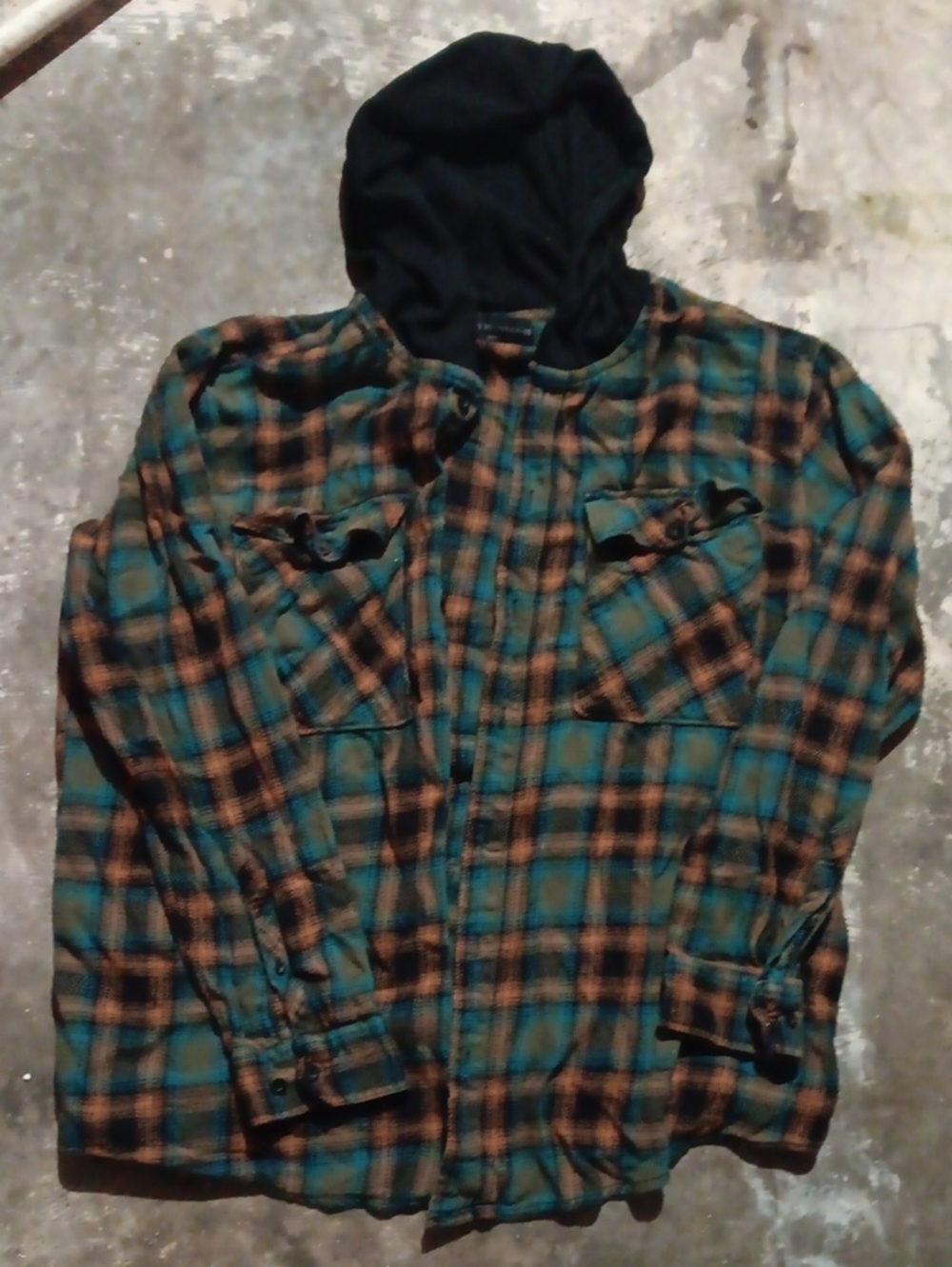 Men's Plaid Hooded Flannel Jacket - Teal & Brown Size 3x No Noundaries Like New